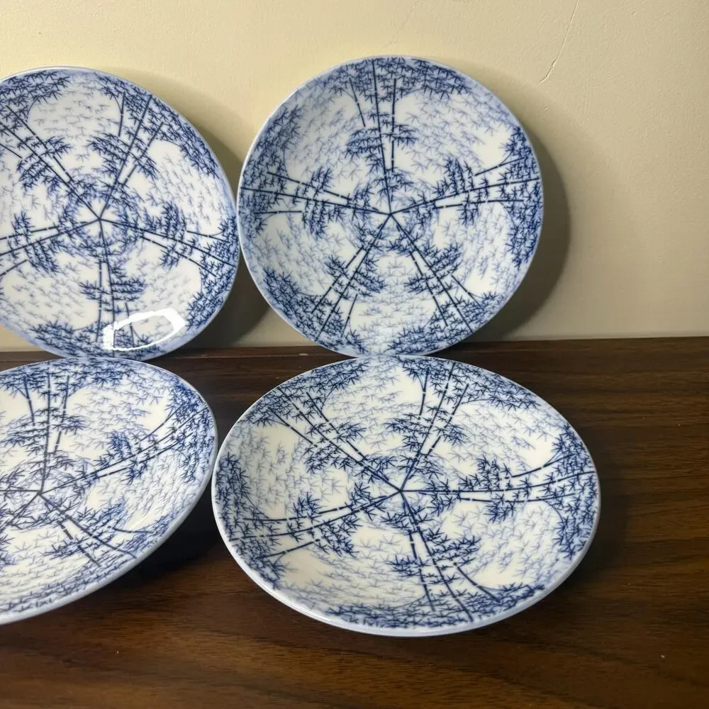 Vintage Otagiri Japan Plate Set Blue and White Porcelain Bamboo Trees